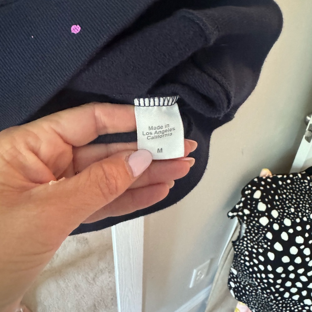 Clare V Navy Sweatshirt with Pink Splatter and Ruffle Shoulders - Picture 3 of 3